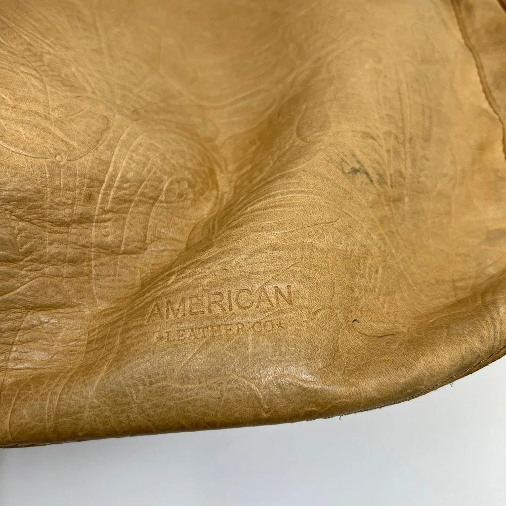 American Leather Co Embossed Leather Shoulder Bag Tan Brown Hobo Tote Purse